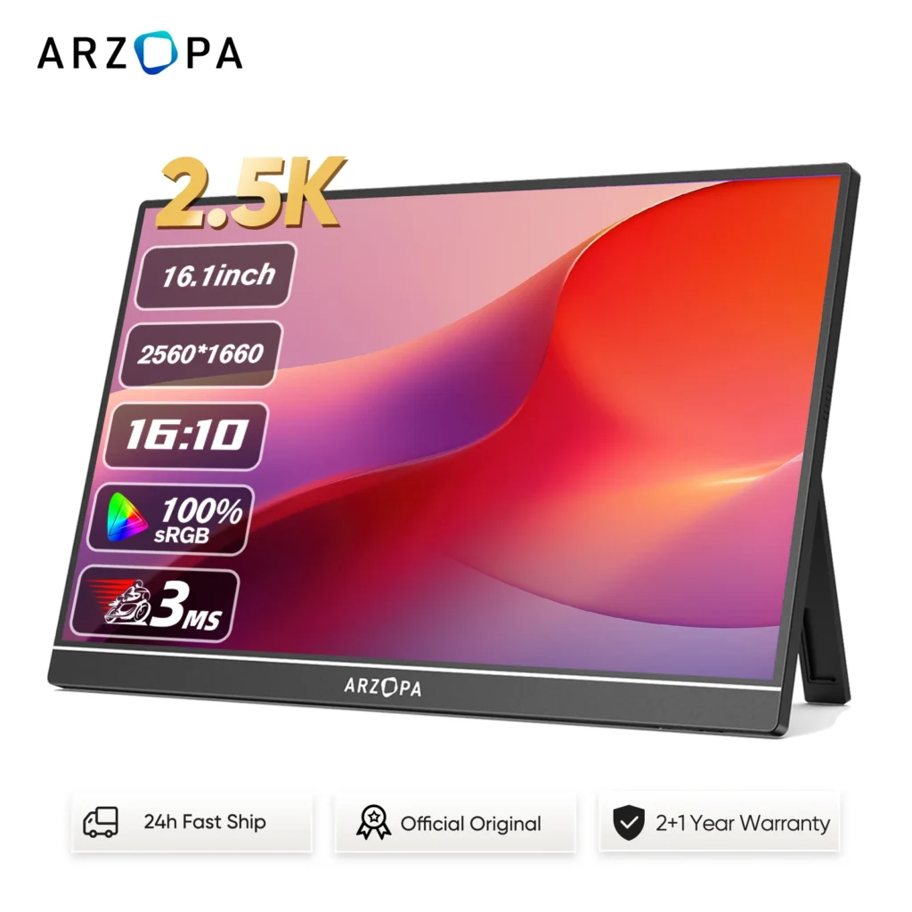 מסך נייד ARZOPA 16 אינץ' 2.5K QHD, 16:10, IPS עם Type-C ו-Mini HDMI למסך משני