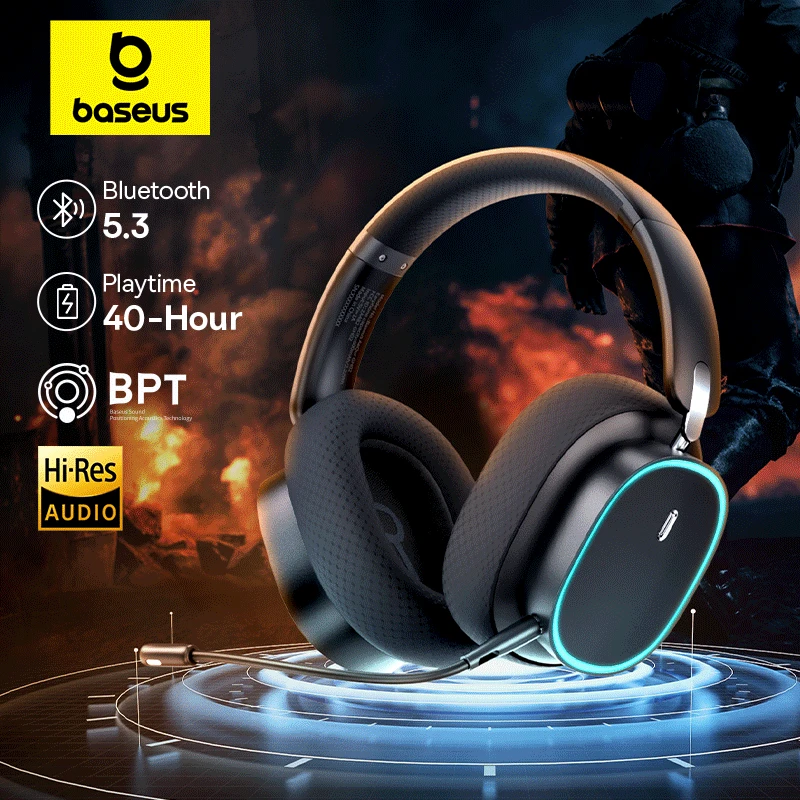Baseus GH02 אוזניות גיימינג אלחוטיות Over-Ear עם מיקרופון, Bluetooth 5.3 ו-RGB