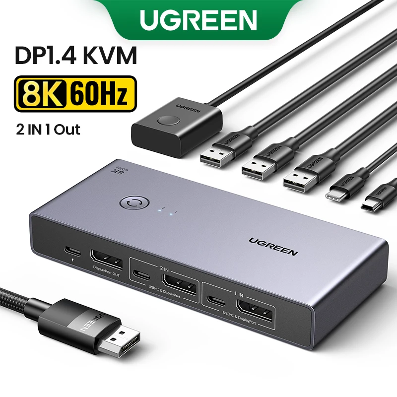 UGREEN מתג DisplayPort 1.4 לחיבור 2 מחשבים, תמיכה ב-8K