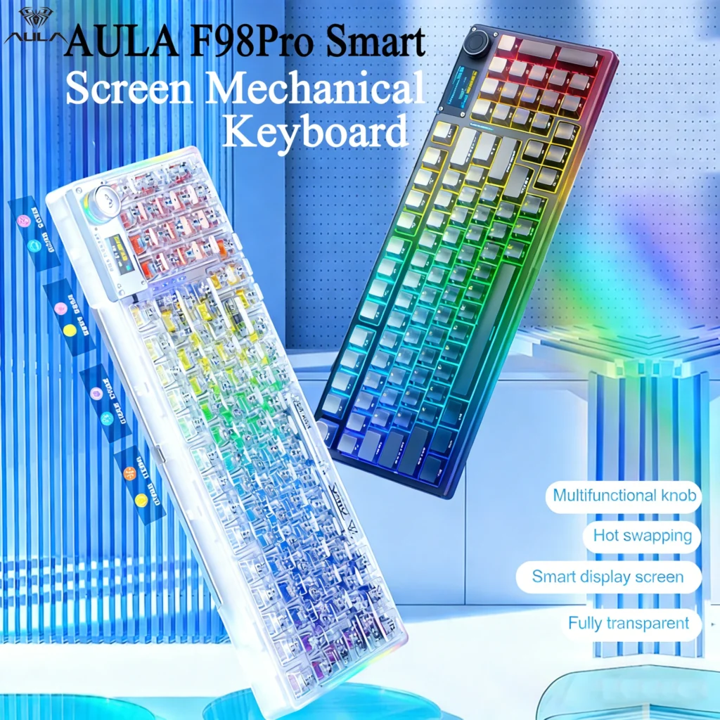 F98pro מקלדת גיימינג מכנית אלחוטית עם תצוגת OLED