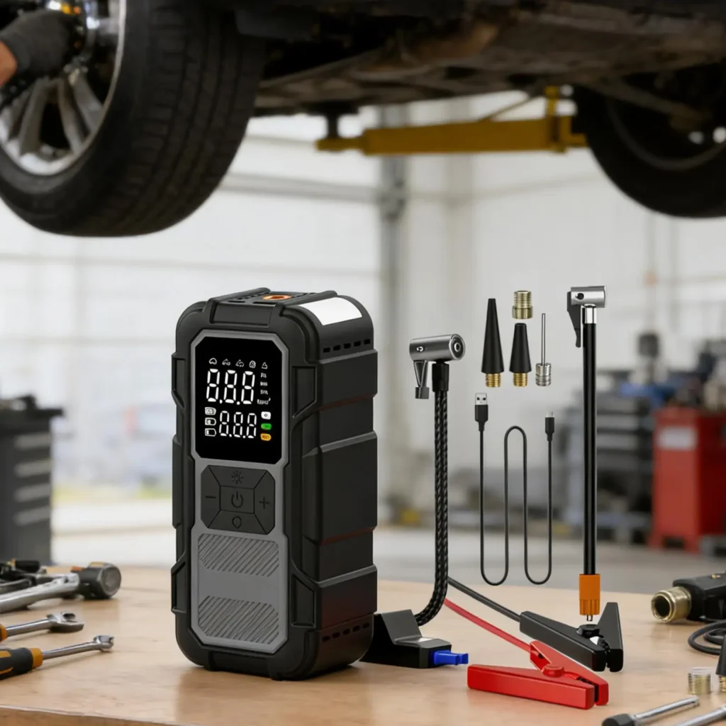 בוסטר התנעה לרכב עם סוללת גיבוי, עם תאורת LED