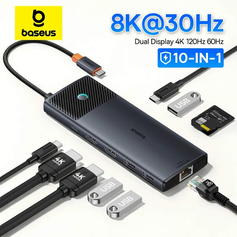 Baseus רכזת USB-C מקיפה עם HDMI 4K, PD 100W וחיבורים מרובים