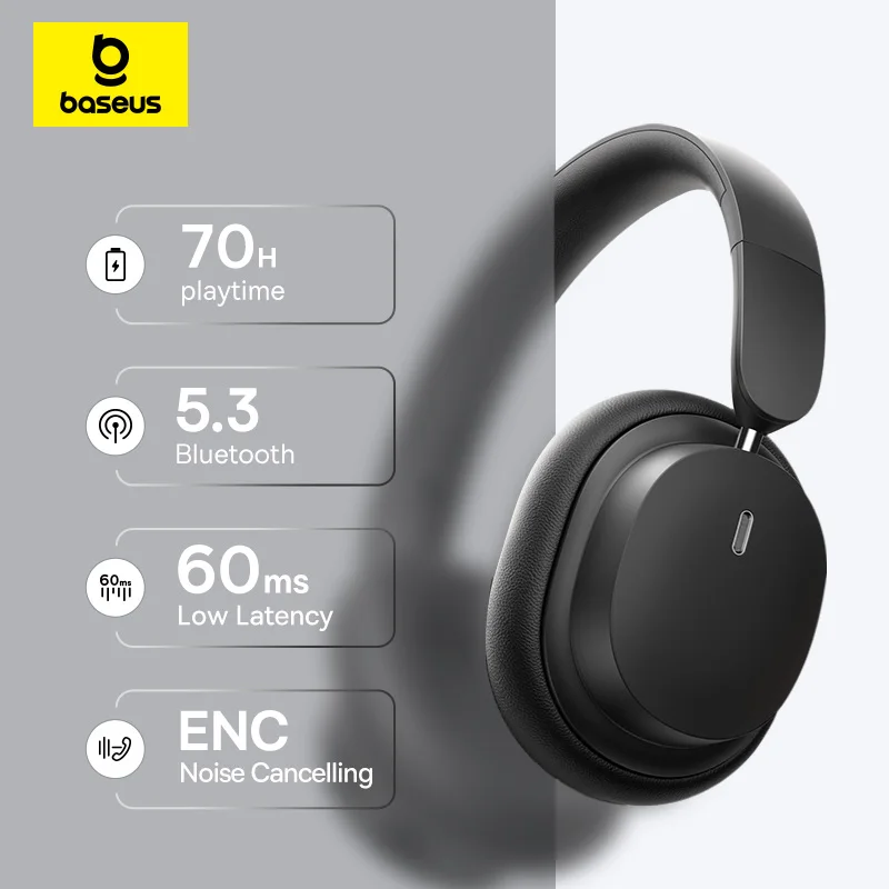 אוזניות Baseus אלחוטיות Bluetooth 5.3 Over Ear, 40 מ"מ, עד 70 שעות השמעה