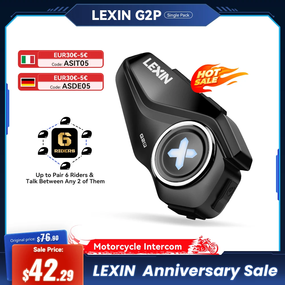 Lexin מערכת דיבורית אופנוע Bluetooth ל-6 רוכבים