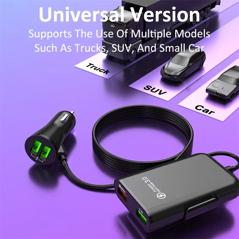 מטען רכב USB 40W, 4 יציאות, טעינה מהירה QC3.0, מתח אוניברסלי