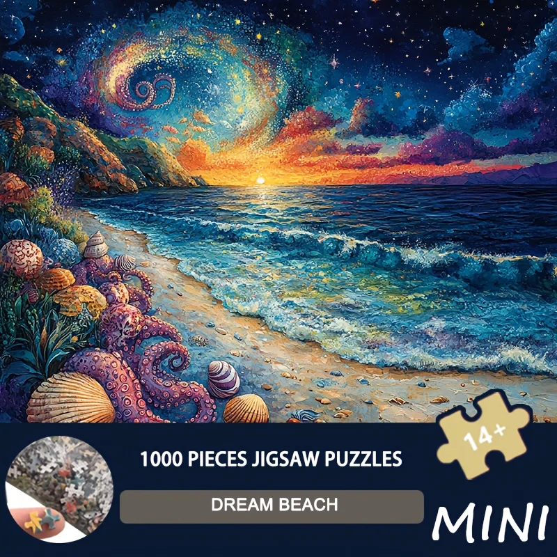 פאזל מיני 1000 חלקים: אמנות חוף חלומות (Dream Beach Art), 38×26 ס"מ, נוף קוסטלי פנטסטי לאוהבי ים ומעצבים
